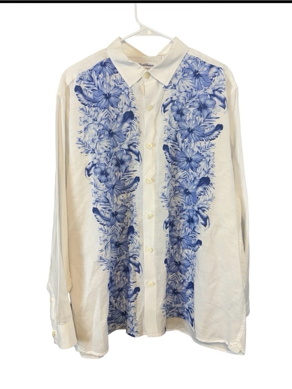 Caribbean XL White Blue Floral
Linen Cotton Long Sleeve Button-Up Shirt